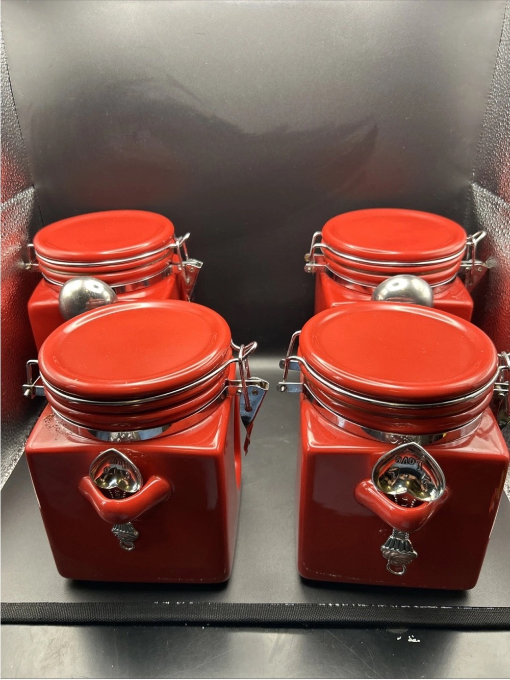 Red Ceramic Airtight Storage Canisters with Built-In Bottle Opener (Set of 4)